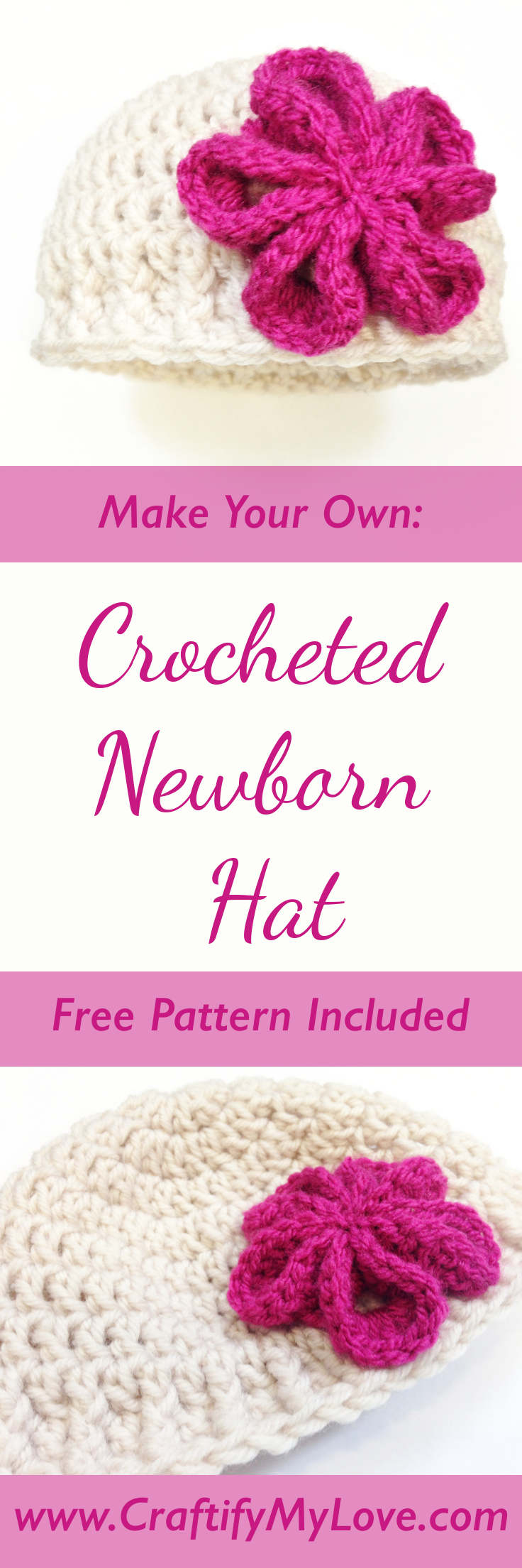 DIY Free Pattern For A Crocheted Newborn Hat With Pink Flower made by Habiba from CraftifyMyLove.com