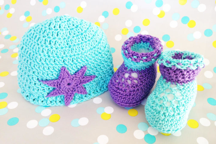 Image shows crocheted newborn booties and hat that are very cute and easy to make.