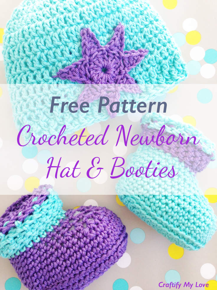 Image shows crocheted newborn hat and booties that are very cute and easy to make.