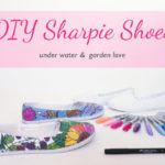 this image shows hand painted sharpie shoes with a garden and under water theme