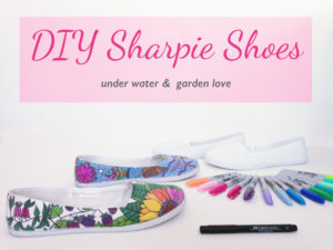 this image shows hand painted sharpie shoes with a garden and under water theme