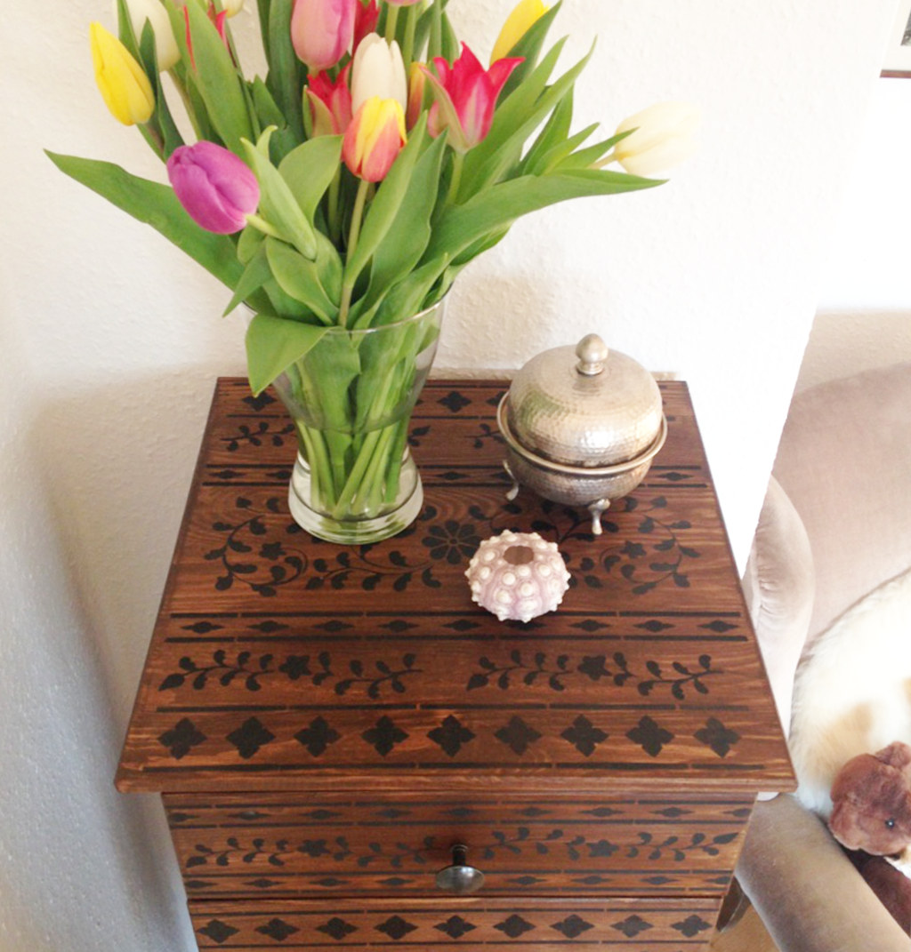 This image shows the finished IKEA Hack TARVA oriental inspired.