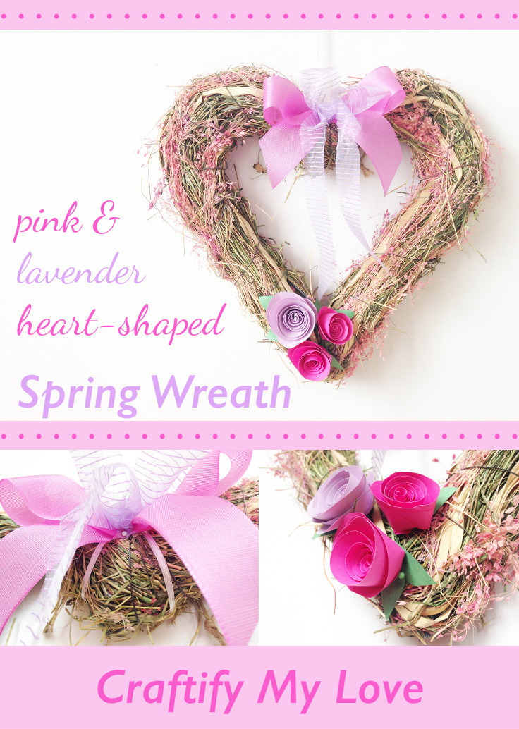 this image shows a DIY pink and lavender heart-shaped spring wreath with paper roses and ribbon bow
