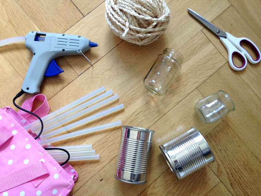 Supplies for a diy up cycled vase made from rope and a tin can