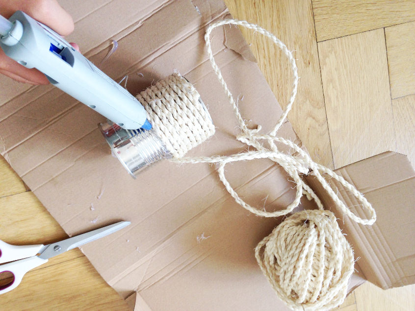 Work the rope row by row to the top of your upcycled vase