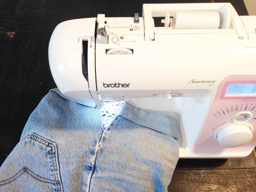 Sewing the lacy doily into too tight shorts