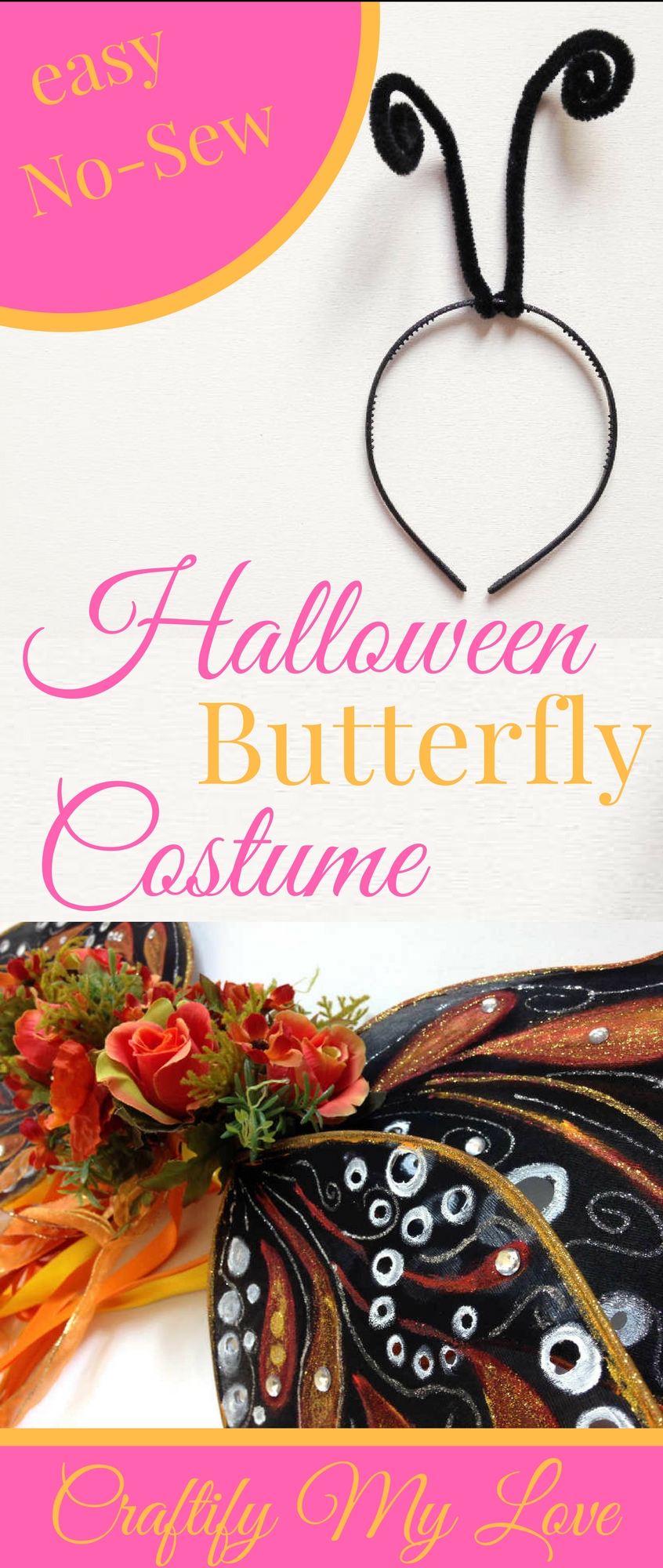 Easy no-sew butterfly costume including antennae for carnival. Learn how to make it. Click now!