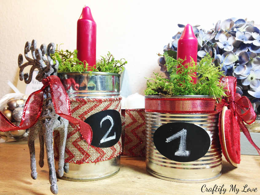 Number 1 and 2 of recycled tin can advent wreath decoration