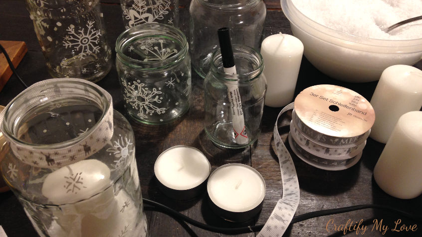 Supplies for sharpie art candle holders with snowlakes