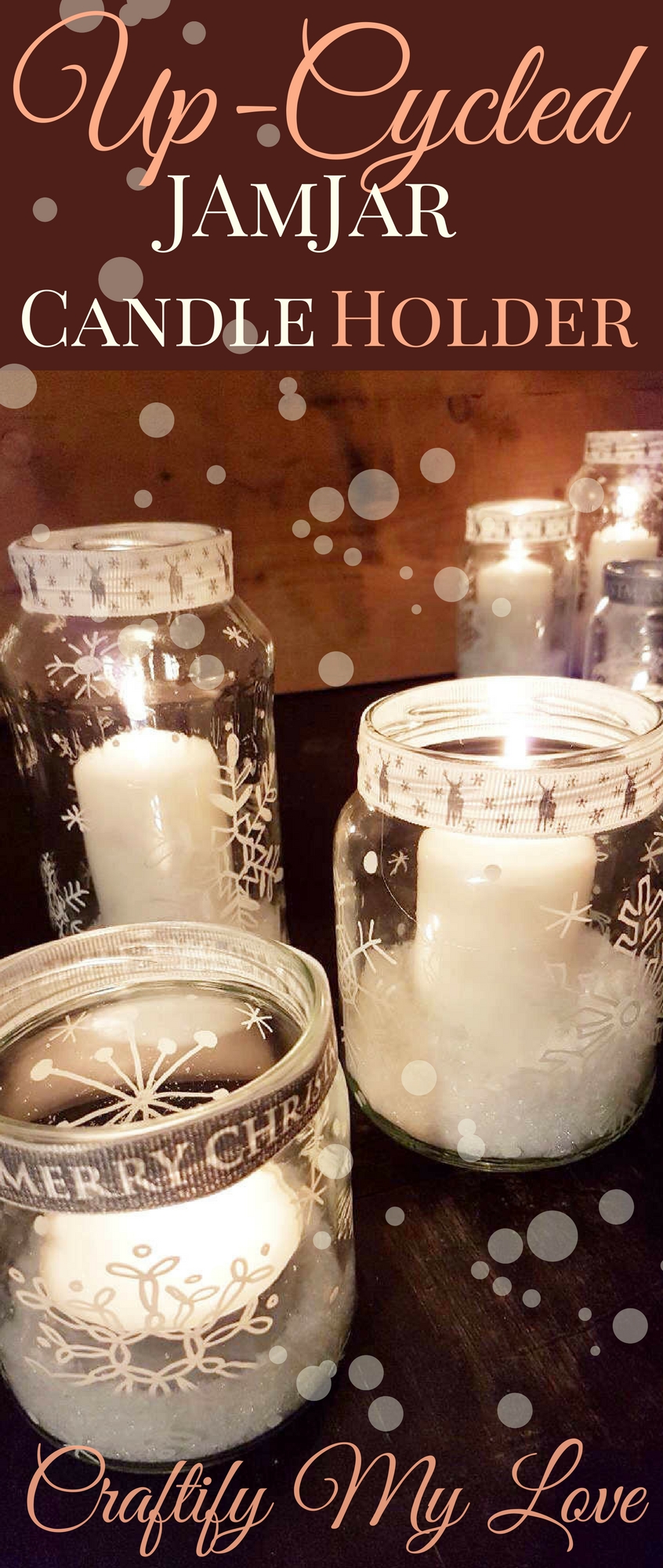 Learn how to upcycle empty jam jars into all white snowflake candle