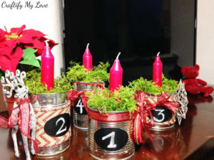 Frugal advent wreath craft project using recycled tin cans and moss