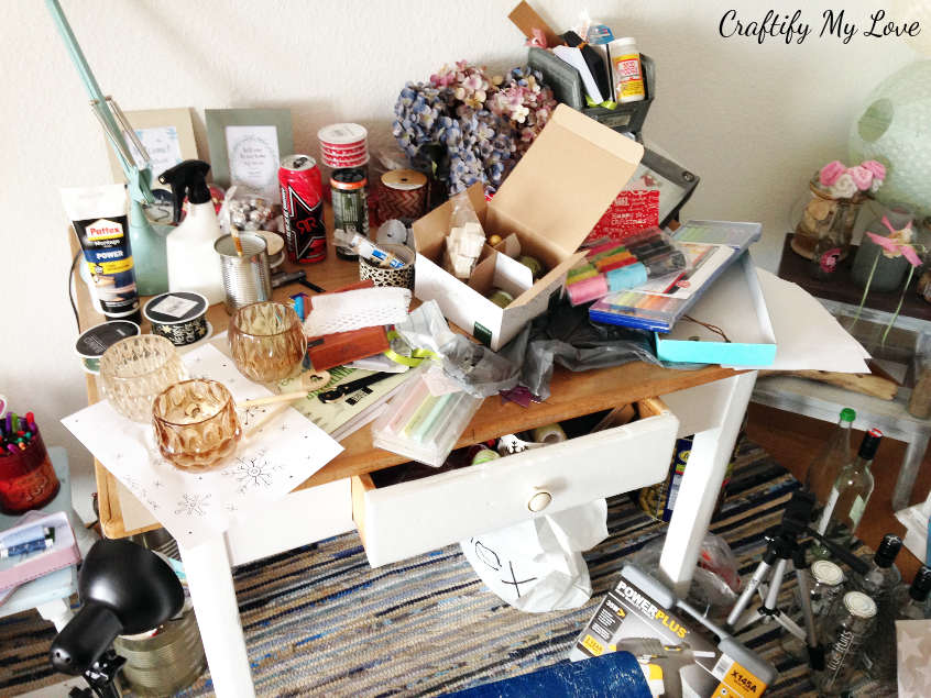 Messy work space of a desk that needs to be tackled in the craft room challenge 2018