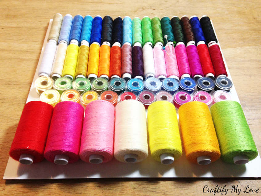 rainbow thread spools DIY project sewing room decor