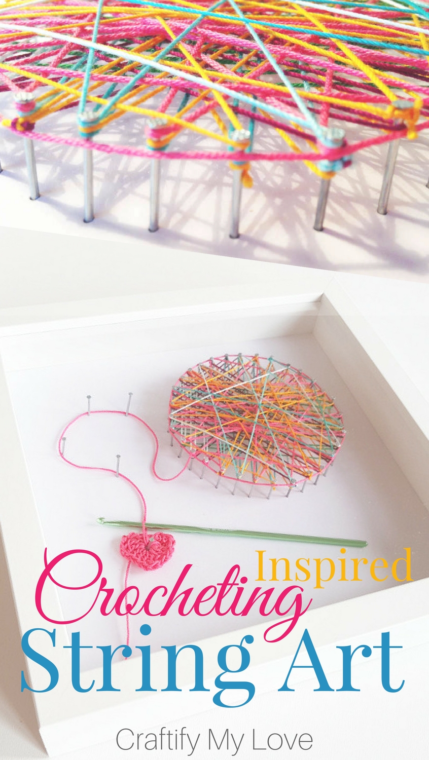 Crocheting inspired string art. Click for easy step by step tutorial | #stringart #crochetlovers #lovetocrochet #iheartcrochet #wallart #craftroomdecor #shadowbox #crochetinginspired 