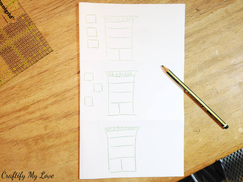 planning the shelve design by making a sketch of the order of recycled drawers shelving unit