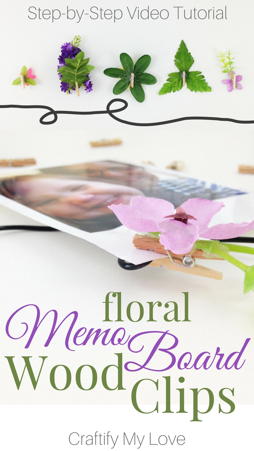 I just made these amazing floral memo board wood clips in less than 10 minutes. They make the pictures on my photo board even more decorative. Click for tutorial. | #simplecrafts #homedecor #pinboard #letterboard #fotoboard #woodenpegs #giftwrappingideas 