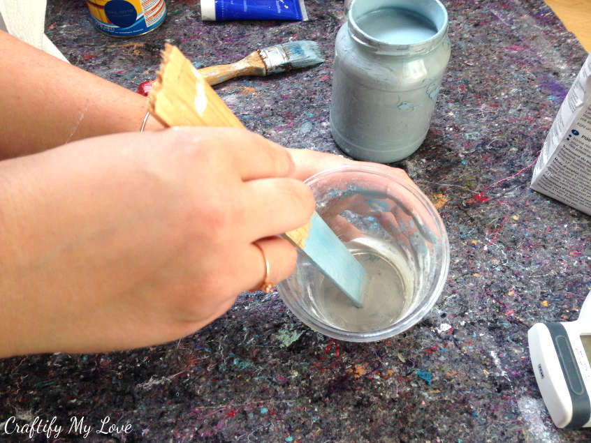 mix water and plaster of paris thoroughly so your DIY chalk paint won't be lumpy