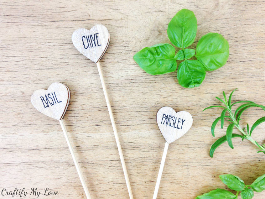 Heart shaped DIY wooden plant herb markers for indoor or outdoor garden