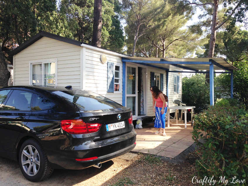 Our sweet rental car is parked in front of our cute mobile home on the campground in Cavalaire-sur-Mer