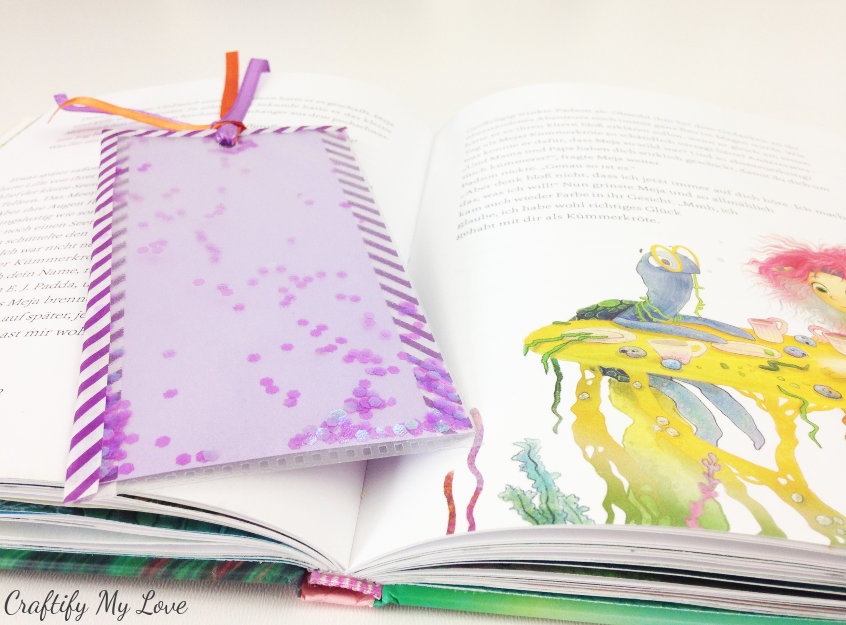pink glitter shaker bookmark DIY tutorial for your kids to craft this summer