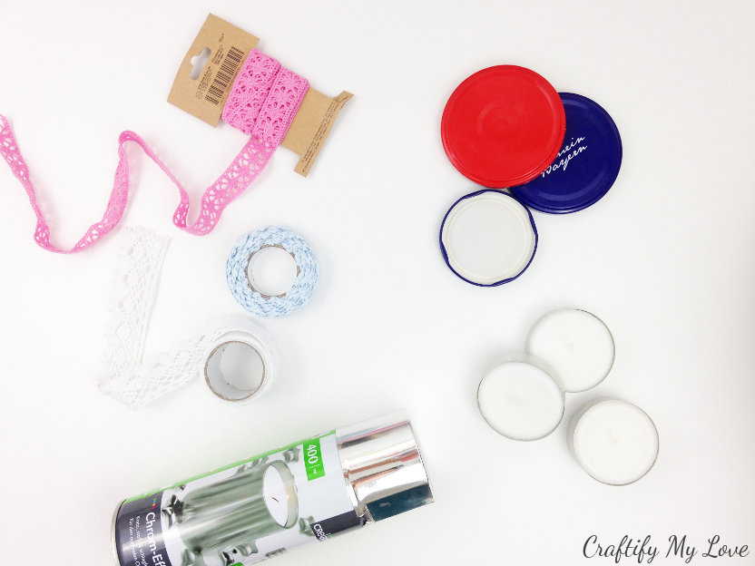 craft supplies for lace and jar lids upcycling DIY candle holders