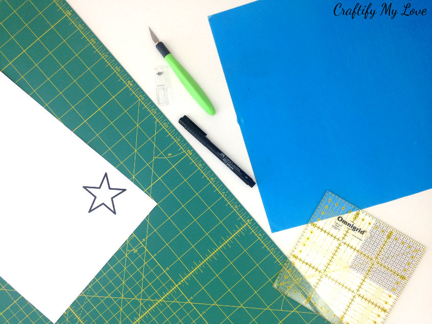 Supplies to DIY your own stencils using Mylar plastic sheets, carton or cardboard