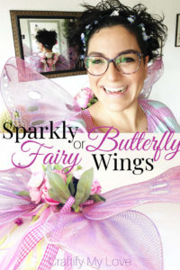 Sparkly DIY fairy or butterfly wings from fishnet stockings. Click to learn how to make this last minute costume from things you'll find at your home. #craftifymylove #upcycling #costumeidea #butterfly #fairy #halloween #dressup
