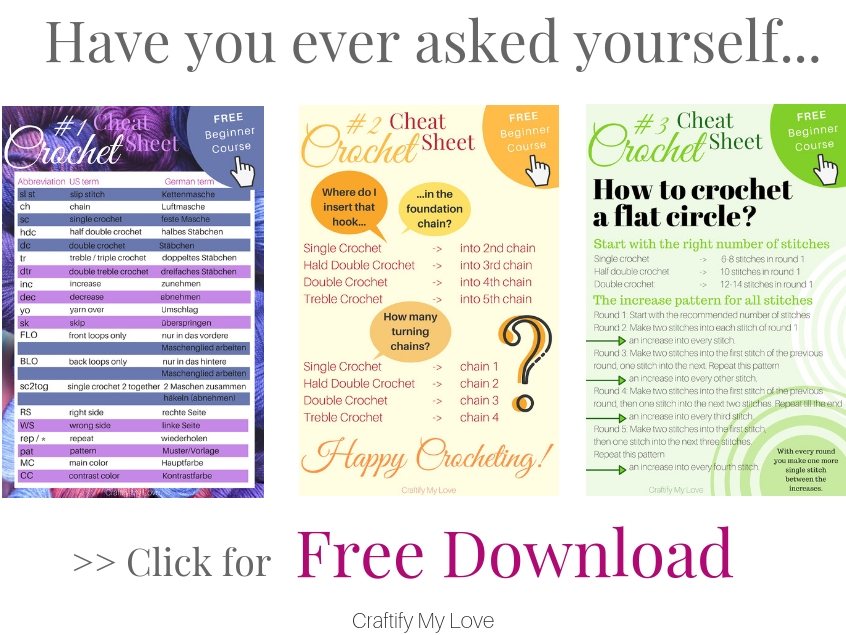 Set of three crochet cheat sheets for beginners and advanced crocheters