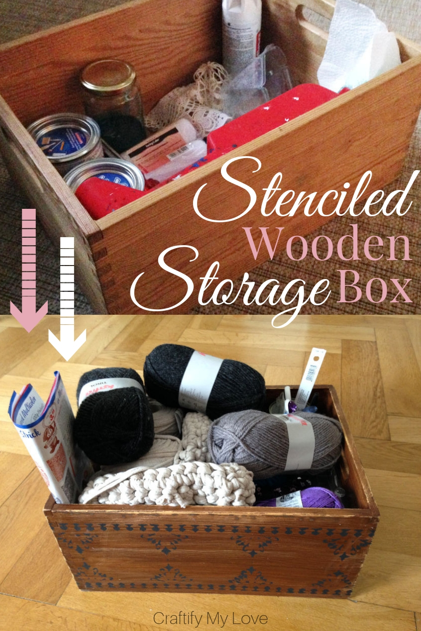 It is super easy to make this stained and stenciled wooden storage box. I use it for my crochet supplies but really it can hold anything you want. Read up how to transform any old box into beautiful storage space. #craftifymylove #stenciling #stain #DIY #storage #upcycling #homedecor #thrifted