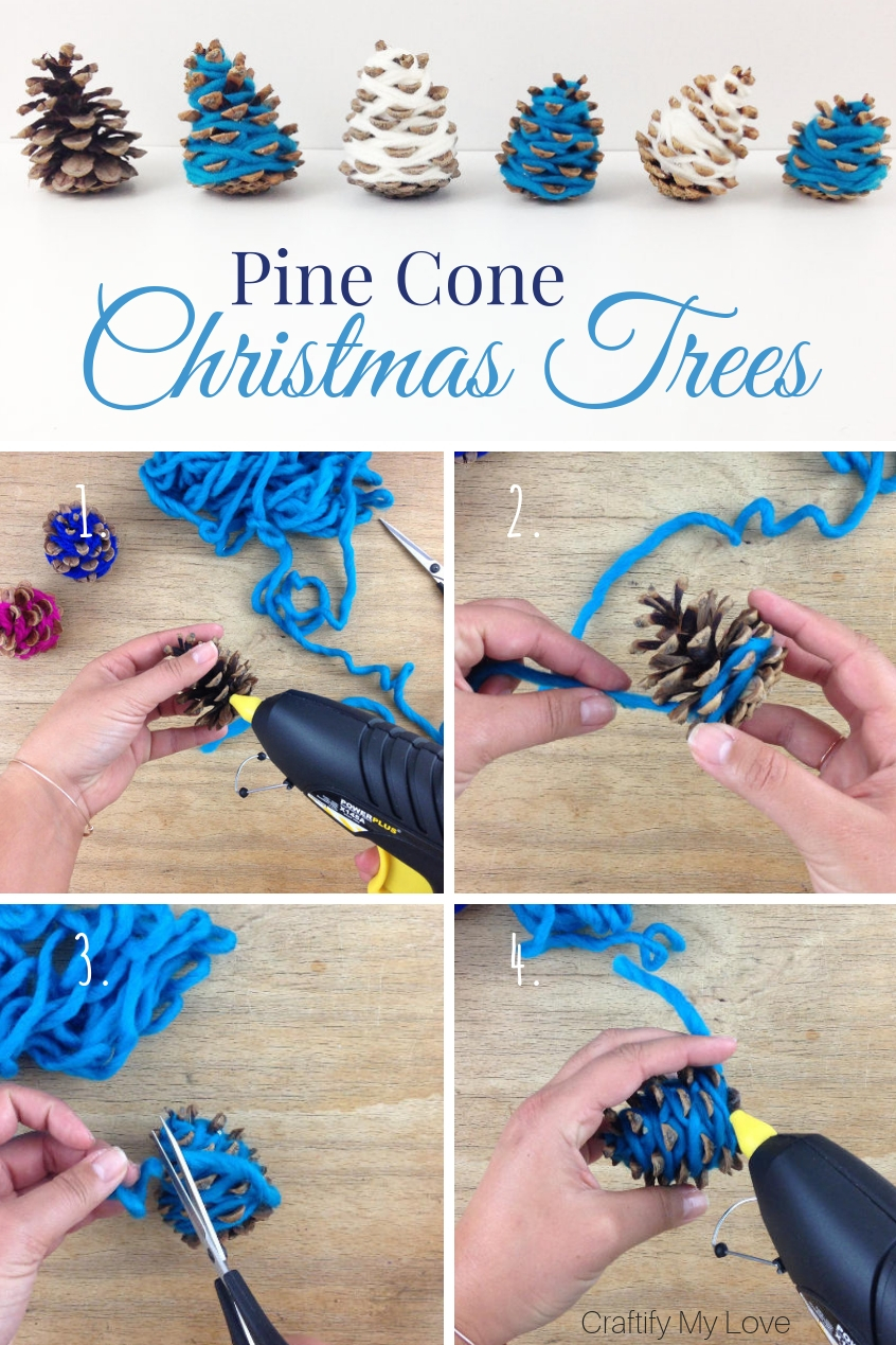 Step-by-step directions to frugal Christmas home decor. Learn how to make these decorative hygge mini Christmas trees from scrap yarn and pine cones today. #craftifymylove #hygge #christmasdecor #DIY #naturecrafts #frugalDIY #coastalchristmasdecor 