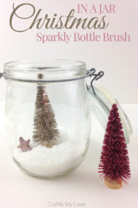 Super simple home decor ideas for Christmas using a jar, faux snow, and those darlings sparkly bottle brush Christmas trees. Click for even more fun ideas to decorate a jar for Christmas. #craftifymylove #christmasinajar #12daysofchristmas #bottlebrush #easyhomedecor #minimalistdecor