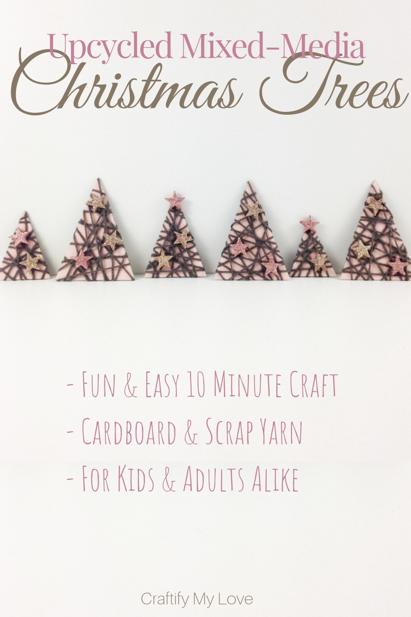 These upcycled Mixed-Media Paper Christmas trees are made in under 30 minutes and will bring festive vibes into your home immediately. Click for instructions including a video. #craftifymylove #upcycling #recyclingcraft #christmasdecor #frugalhomedecor #hyggechristmas #winterdecor #DIYdecorations