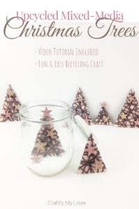 Upcycling idea for a frugal Christmas decor: Recycled paper Christmas trees in a jar. Click to see how simple & inexpensive this project really is. #craftifymylove #inexpensiveChristmas #moneysavingtips #Christmas #kidscraft #recyclingcraft #videotutorial