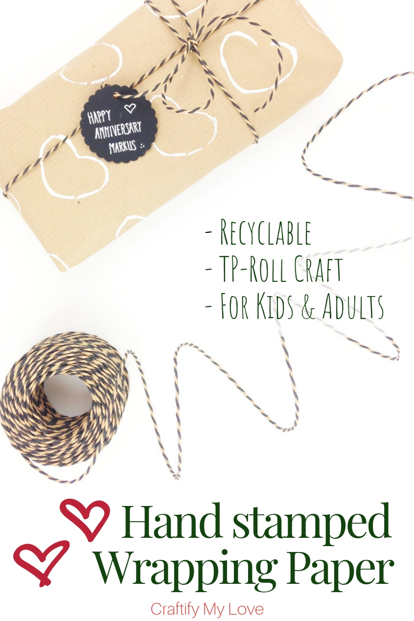 DIY recyclable hand stamped gift wrapping paper for kids and adults alike to make. Click to learn how this fun recycling craft using toilet paper rolls is done. #craftifymylove #kidscraft #ValentinesDay #recyclingcraft #tprollcraft #handstampedgiftwrappingpaper