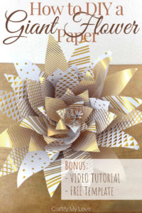 Learn how to DIY a giant paper flowers from scrapbook paper today. They make for awesome photo backdrop and easy DIY decor for weddings, birthdays, and baby showers. They look rather complex, but they are very simple to make. Click for a step-by-step photo and video tutorial and FREE template! #craftifymylove #giantpaperflower #howtomakeagiantpaperflower #weddingdecor #babyshower #DIYdecor #birthdayparty #whiteandgold #freetemplate