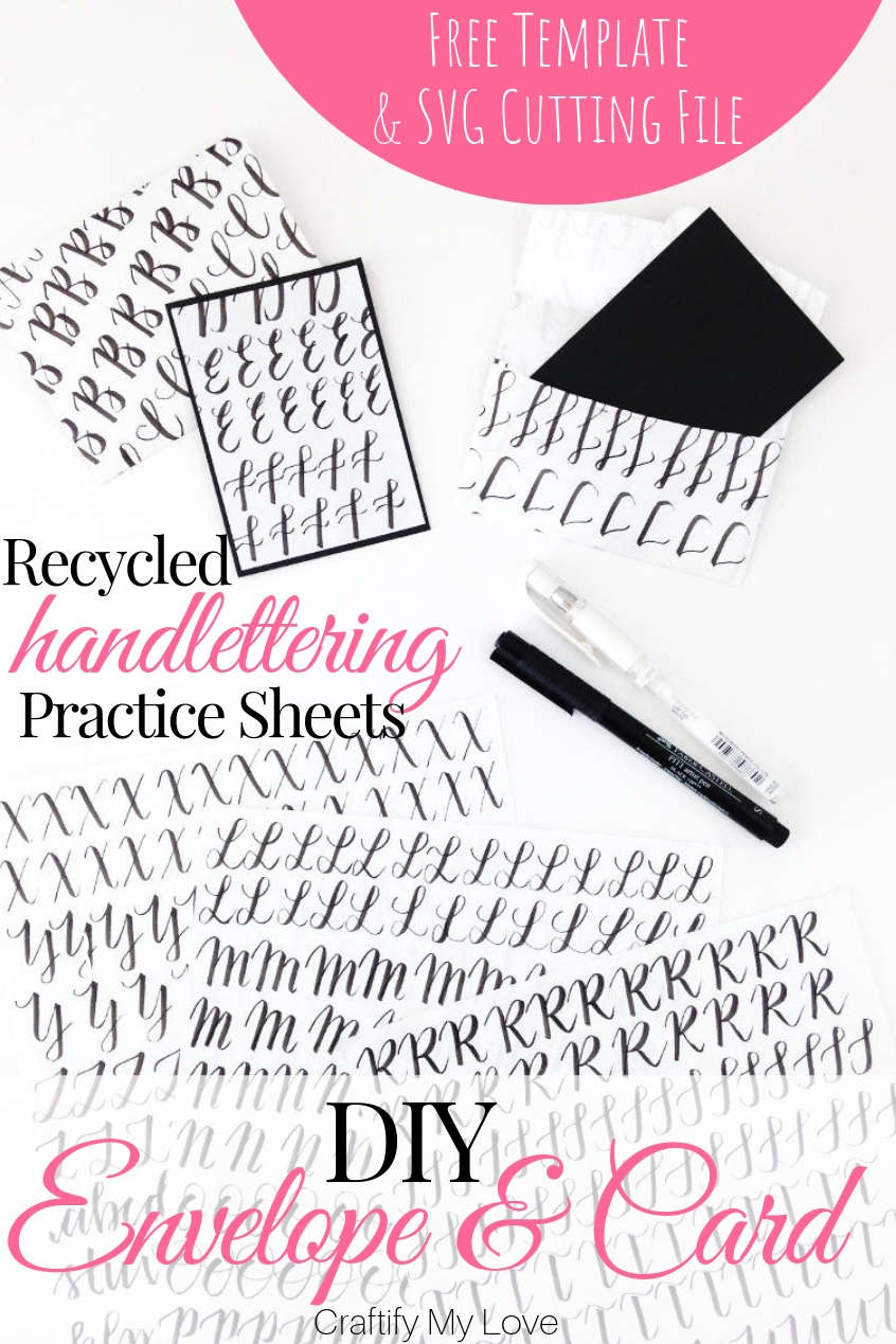 Use those hand lettering practice sheets and turn them into DIY mini envelopes and cards. You'll find a FREE template to handmade this frugal and fun recycling project on the blog, same as a FREE SVG cutting file if you'd rather work with your cutting machine. Click to get those freebies now! #craftifymylove #freesvgcuttingfile #freetemplate #DIYenvelope #DIYcard #recyclingproject #upcycling #handlettering #handletteringpracticesheets