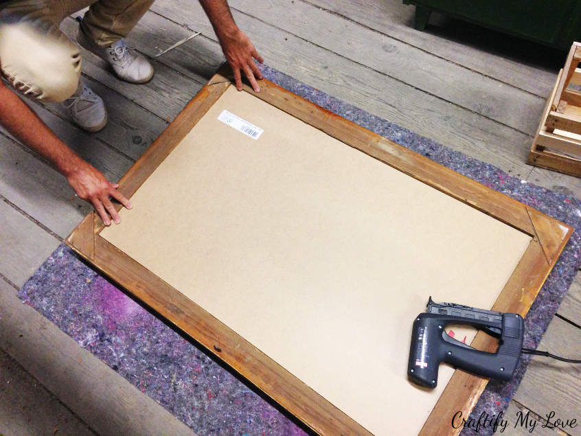 place your chalk board painted plywood into the empty frame and install it by using a nailgun