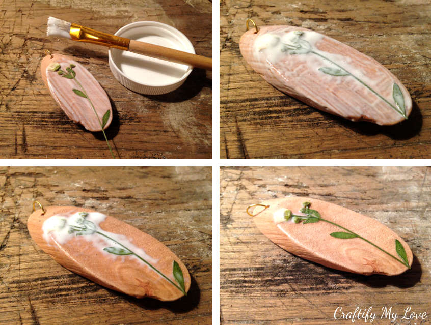 Step-by-step instructions on how to add pressed and dried flowers to a wood pendant using mod podge