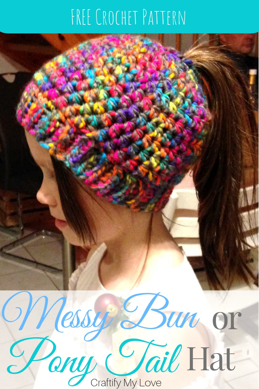 Freebie Altert!!!! Click through for a free crocheting pattern to make this cute little girls messy bun or ponytail hat in only 30 minutes. #craftifymylove #rainbow #messybunhat #ponytailhat #girlsfashion #freecrochetpattern #suitableforbeginners #freecrochetclass #30minutescraft