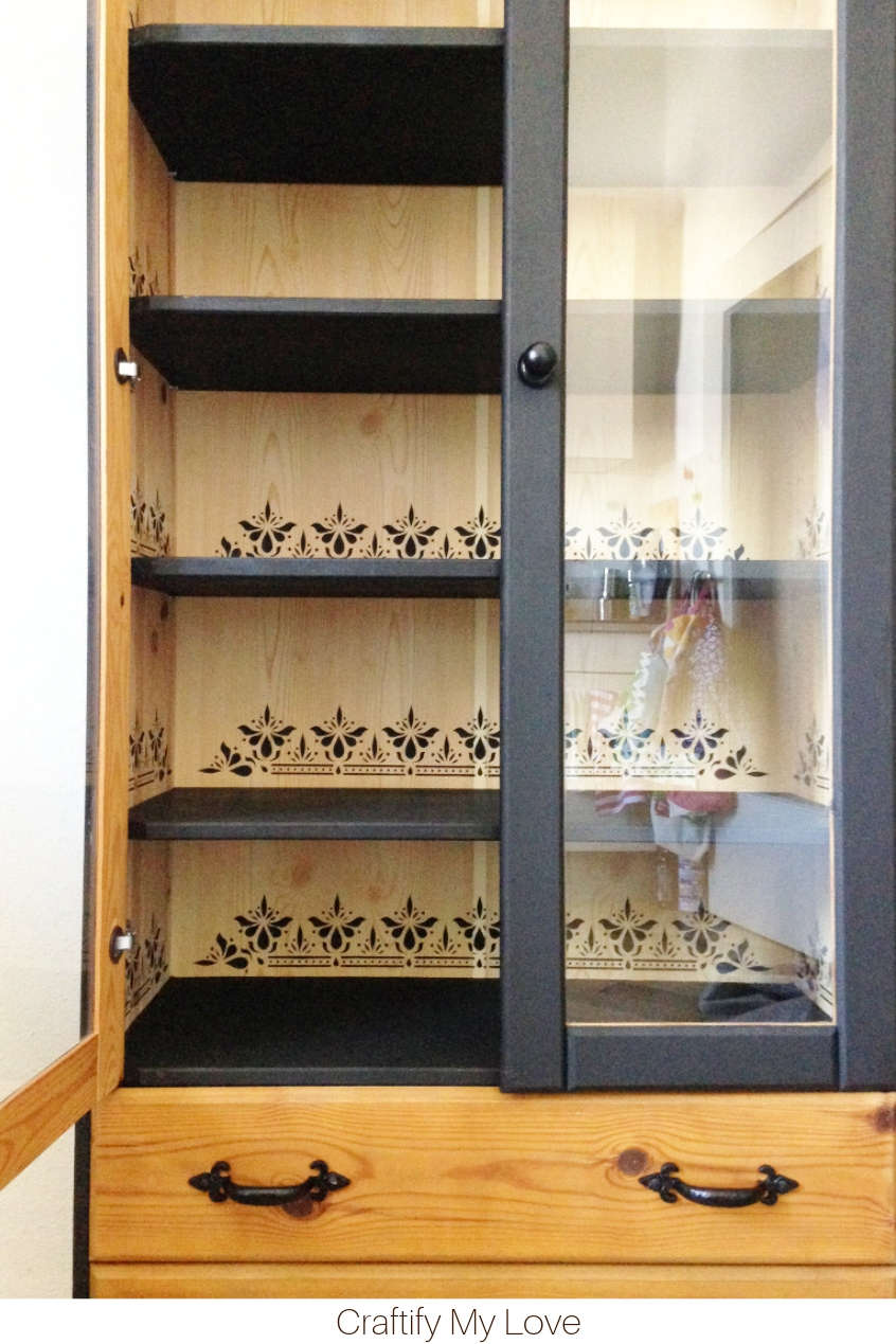 Indian Border Stenciled China Cabinet Makeover. Click to see how easy it is to recreate this look. #craftifymylove #chinacabinetmakeover #stencilingproject #kitchenupdate #dizzyduckdesigns