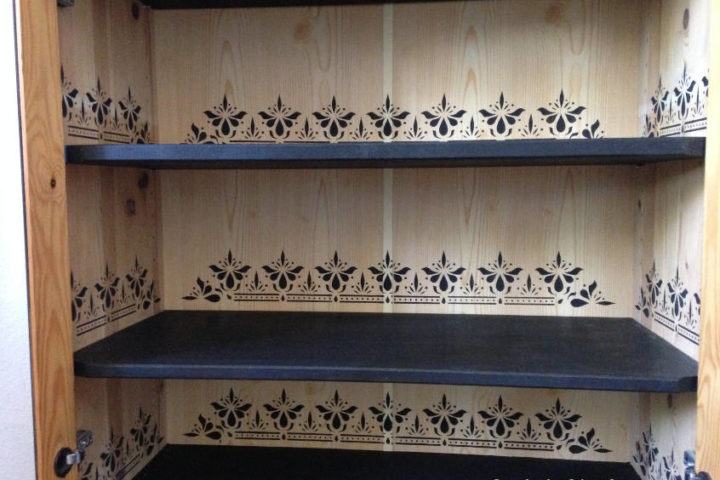 SAGAR Border STencil from Dizzy Duck Designs: Easy china cabinet makeover with stencil and paint