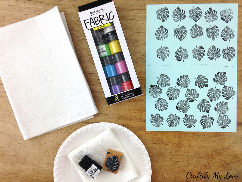 Supplies to DIY a hand stamped dish towel