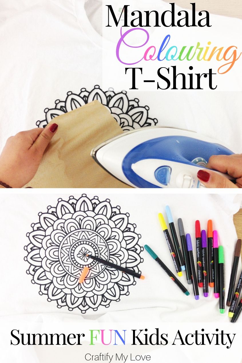 Designing a DIY Mandala Colouring T-Shirt is a fun summer activity for kids and grown ups alike on a rainy day. Click through and learn how to make your very own unique colouring t-shirt yourself or buy one if you're on a tight schedule! #craftifymylove #mandalacolouringtshirt #mandala #colouringsheet #kidsactivityforsummer #summerfun #uniquetshirtdesigns