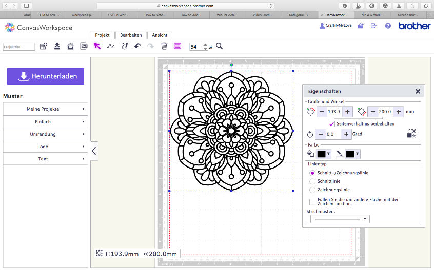 Brother ScanNCut designspace: resizing and preparing the cut file for DIY Mandala Colouring T-Shirt