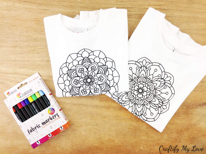 creative summer activity for kids for a rainy day: Mandala colouring t-shirt using fabric markers