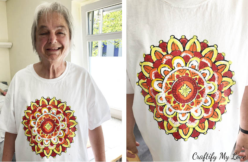 handcoloured handpainted unique mandala t-shirt activity using fabric paint rather than pens