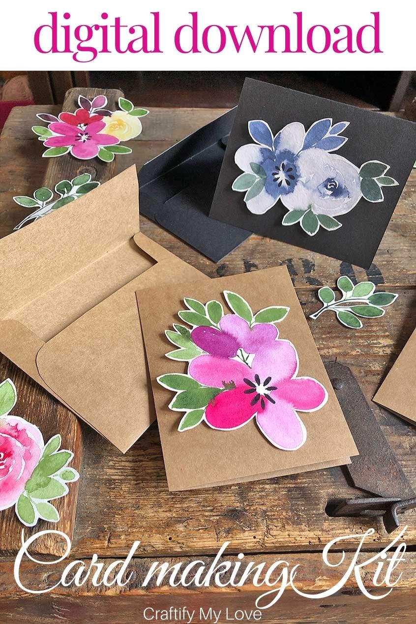 Make your own floral watercolor greeting cards without any knowledge on watercoloring! You'll find DIY instructions and ready to print digital files to get crafty. #craftifymylove #cardmakingkit #watercolorfloras #handmadecards #digitaldownload