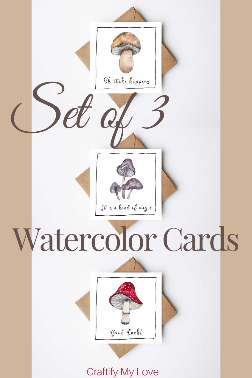 Turn your watercolour paintings into cards. Here I did a set of 3 fun mushroom greeting cards with matching envelopes for you to instant download and print at home.